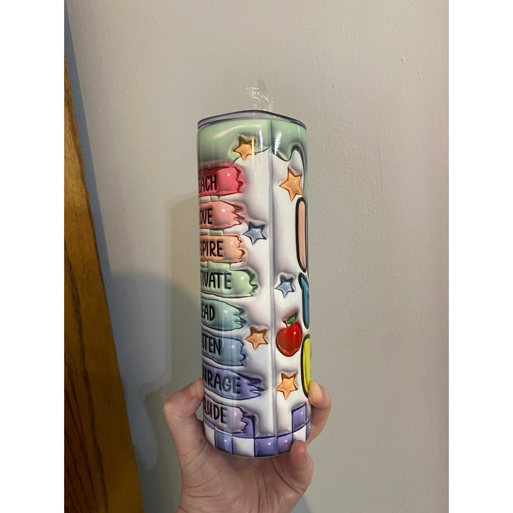 Tumbler In My Teacher Era Women's 20oz Multicolor 3D Puff Graphic Rainbow Apple - Picture 5 of 5